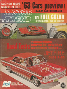 MOTOR TREND 1962 SEPT - NEW 63 CARS, JETFIRE, NEWPORT, T'BIRD, JET CARS, T80